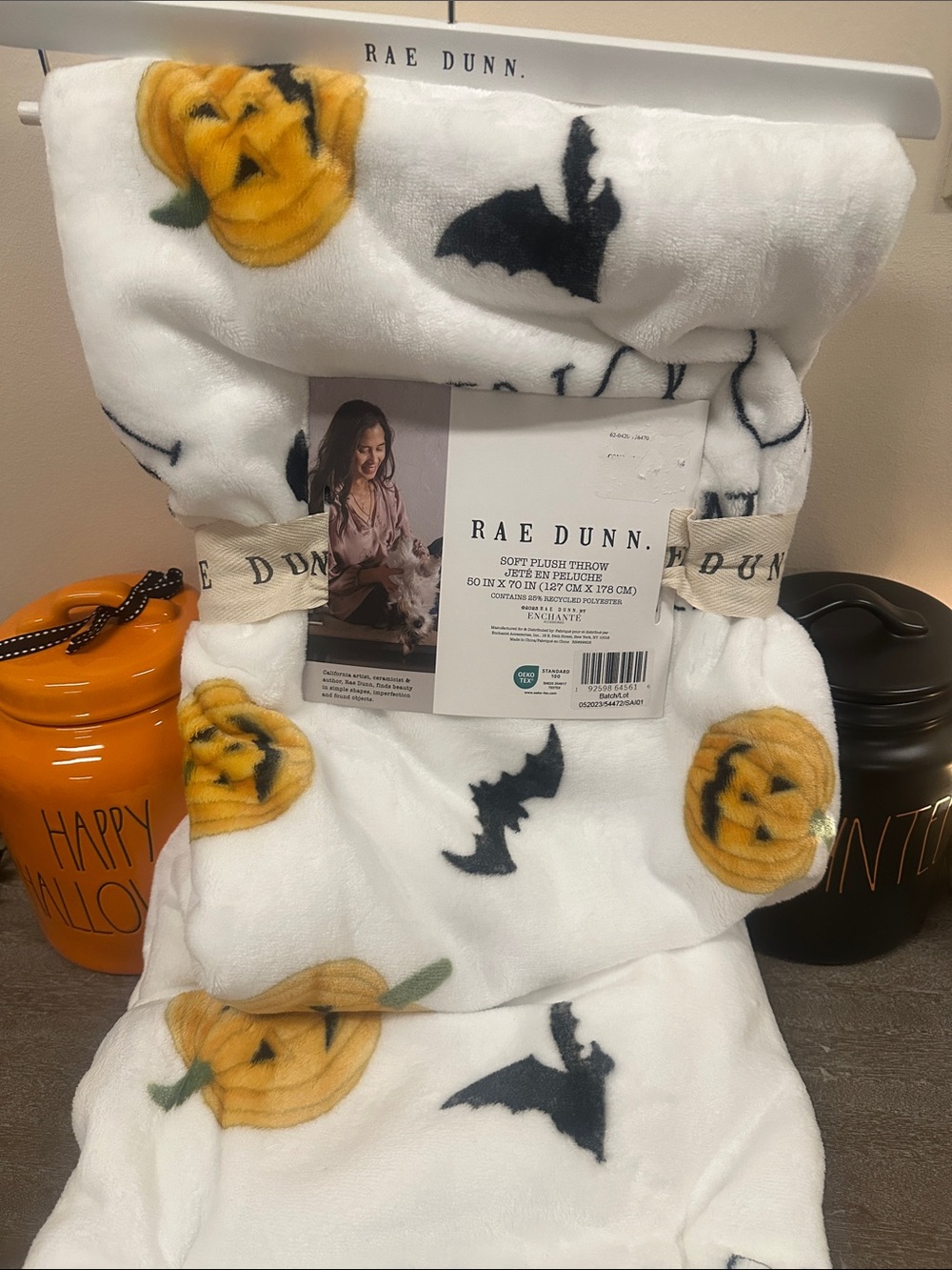 Rae Dunn Pumpkin TRICK OR TREAT Bat Throw Plush Blanket NWT